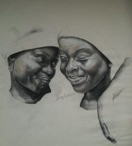 Realistic pen portrait of African young girls by Simon Erhimu