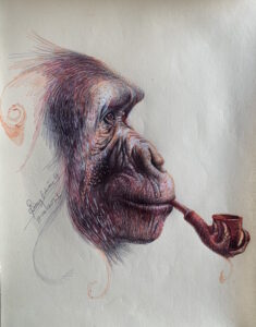 Realistic pen portrait of a smoking Ape by Simon Erhimu