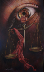 The Rape of Justice creative painting by Simon Erhimu